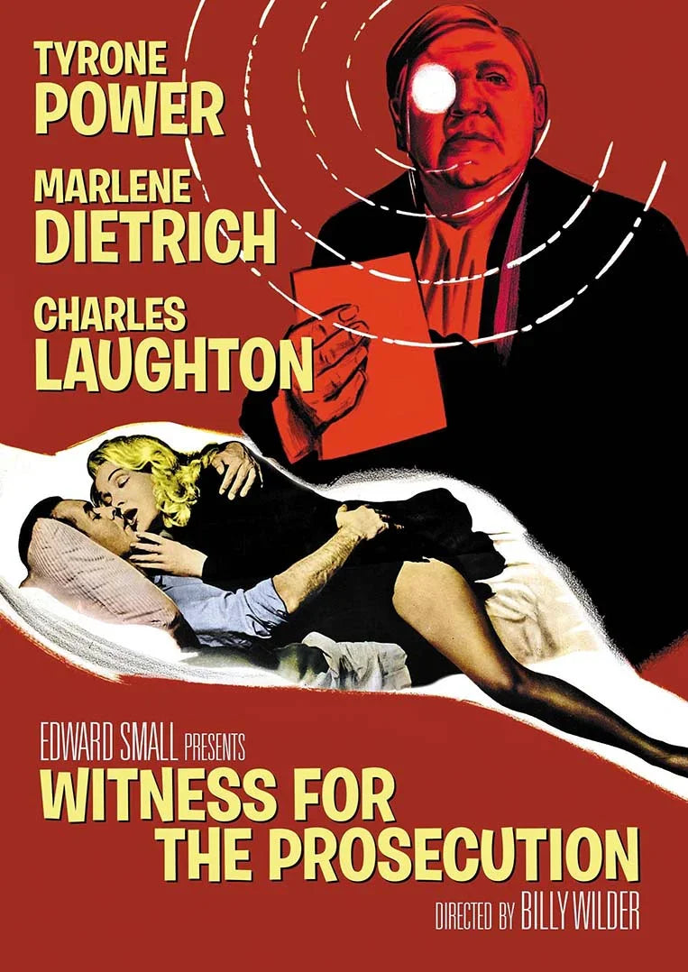 Stylized vintage movie poster for Billy Wilder's Witness for the Prosecution featuring Charles Laughton and an intimate scene between Tyrone Power and Marlene Dietrich.