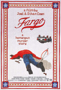 Unique Fargo movie poster replicated as a cross-stitch canvas art print featuring a stylized body and vehicles, a film by Joel & Ethan Coen.
