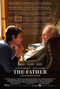 Dramatic poster for The Father showing Anthony Hopkins and Olivia Colman in an intense, emotional profile shot under warm light.