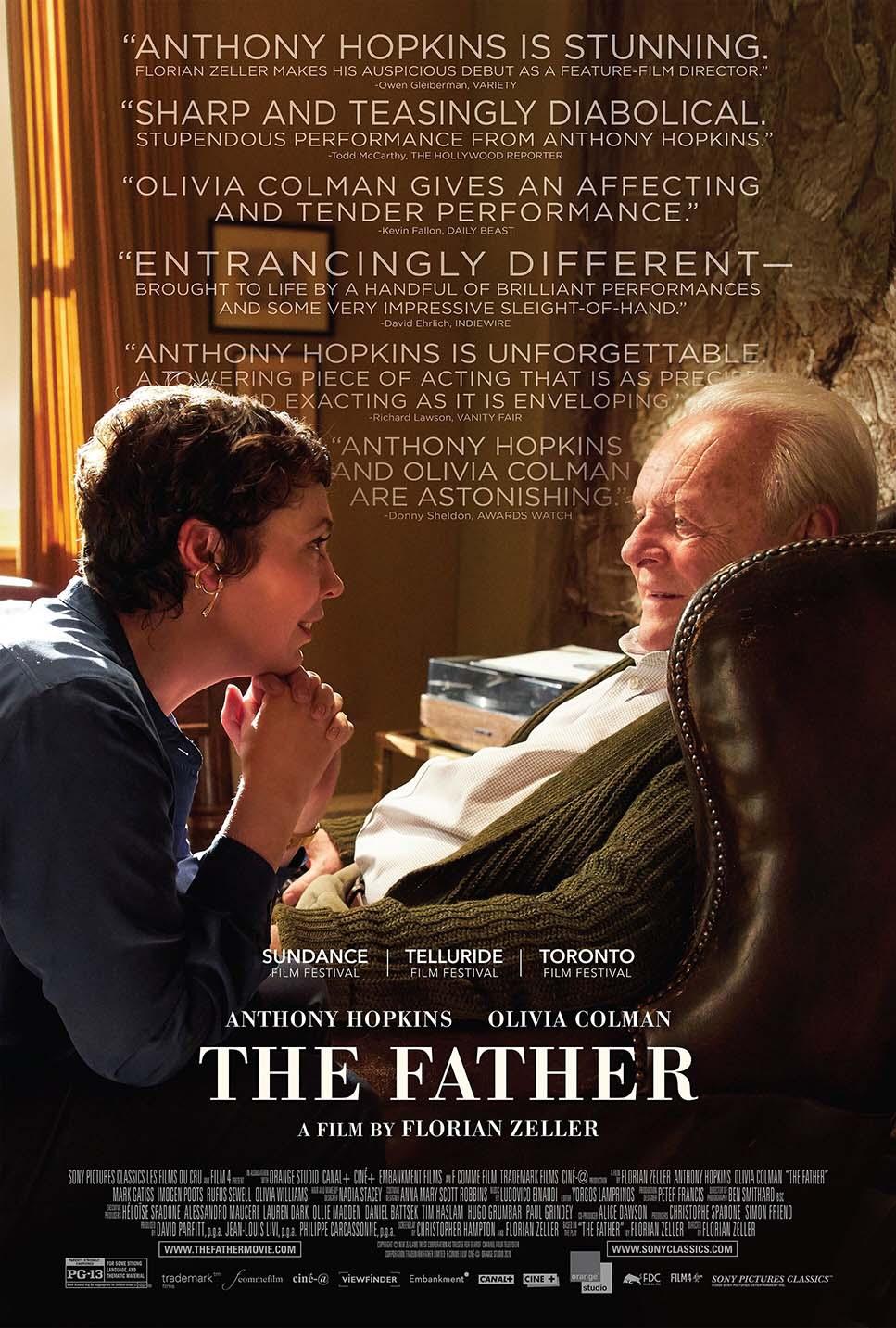 Dramatic poster for The Father showing Anthony Hopkins and Olivia Colman in an intense, emotional profile shot under warm light.