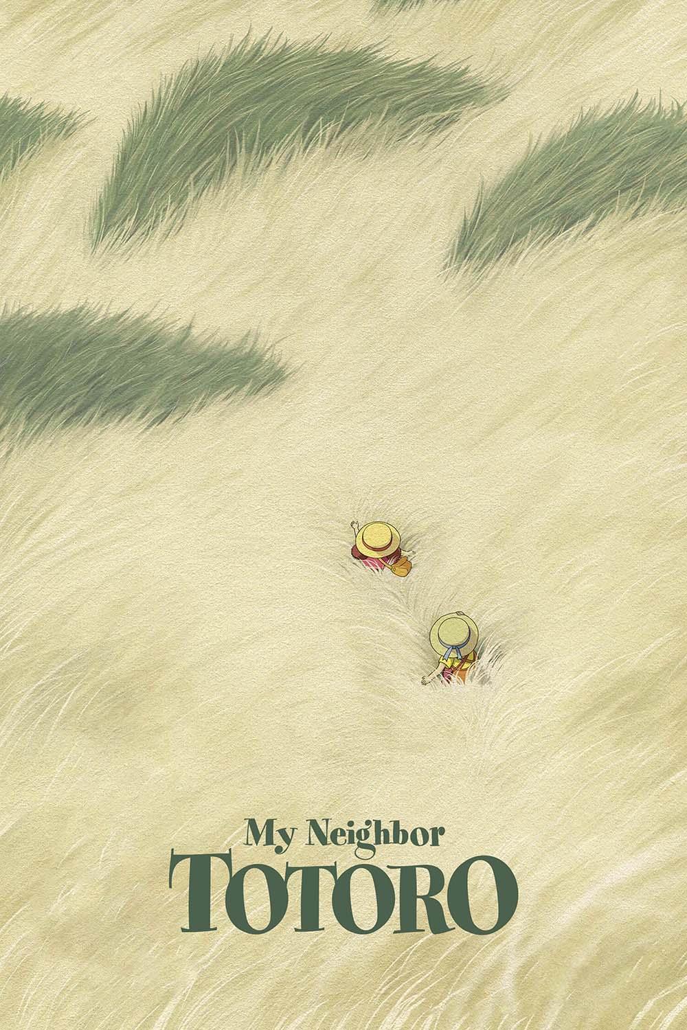 Minimalist movie poster for My Neighbor Totoro featuring Satsuki and Mei small in a field of tall, textured light green grass.