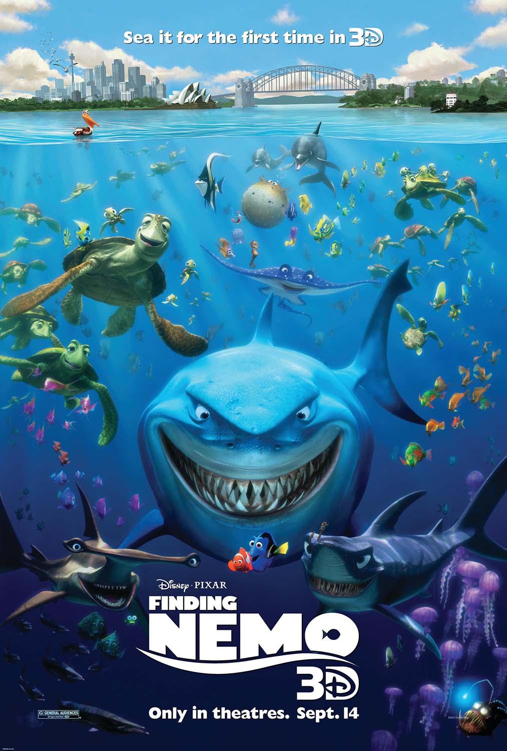 Theatrical poster for Finding Nemo featuring Bruce the shark smiling menacingly below the Sydney skyline, surrounded by Dory, Nemo, Crush, and other sea creatures.