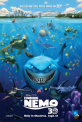Vibrant Finding Nemo movie poster showing Bruce the shark, Marlin, Dory, Crush, and sea turtles swimming underwater below the Sydney skyline.