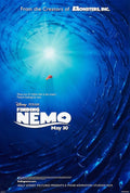 Finding Nemo official movie poster showing Nemo the clownfish swimming alone against a bright sunburst, surrounded by a large school of fish in the deep blue ocean.