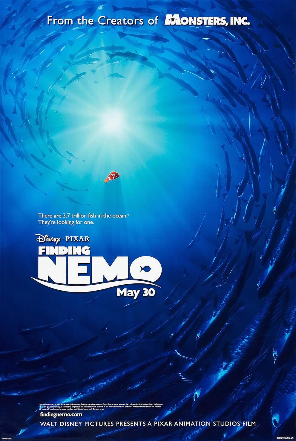 Finding Nemo official movie poster showing Nemo the clownfish swimming alone against a bright sunburst, surrounded by a large school of fish in the deep blue ocean.
