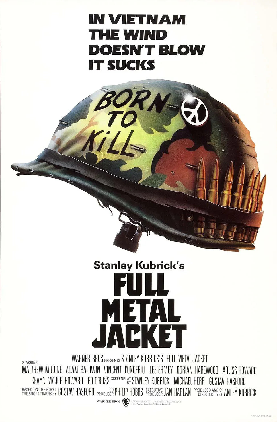 Full Metal Jacket movie poster featuring the military helmet with "Born To Kill" painted on it, a peace sign, and bullet rounds lining the rim.