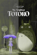 My Neighbor Totoro movie poster showing Totoro and Satsuki waiting at a rainy bus stop under a purple umbrella, vertical striped effect.