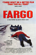 Original Fargo movie poster showing a person lying face down in the snow next to an overturned car on a desolate, white road.