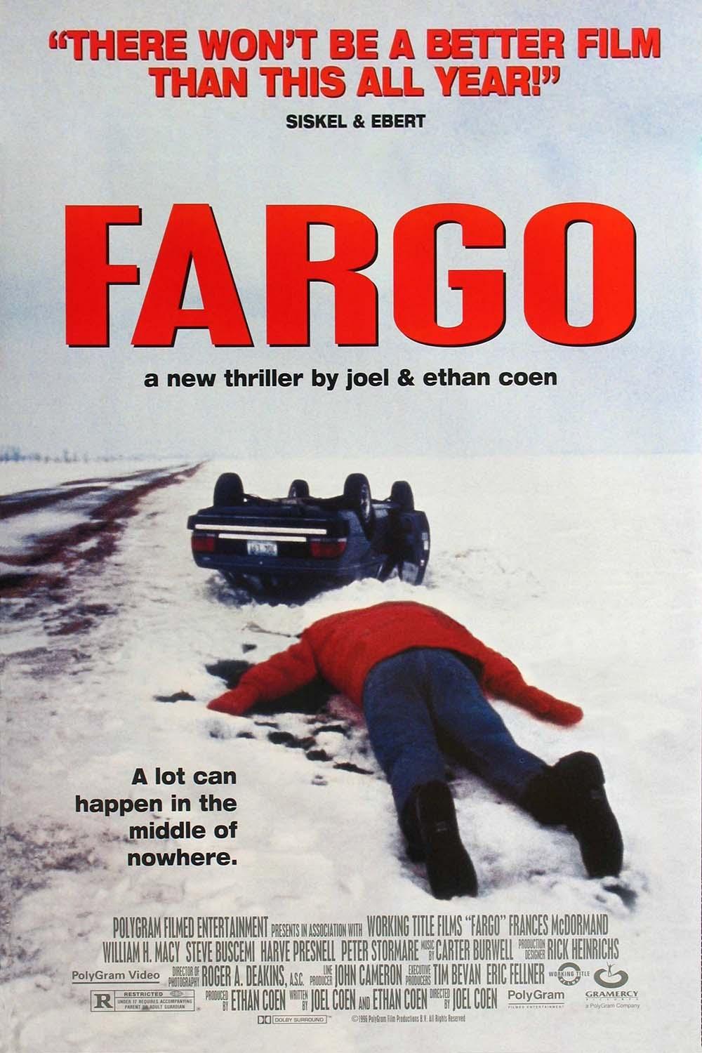 Original Fargo movie poster showing a person lying face down in the snow next to an overturned car on a desolate, white road.