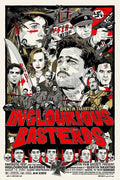 Stylized graphic movie poster for Inglourious Basterds featuring Brad Pitt, Christoph Waltz, and the main cast in an aggressive combat montage.