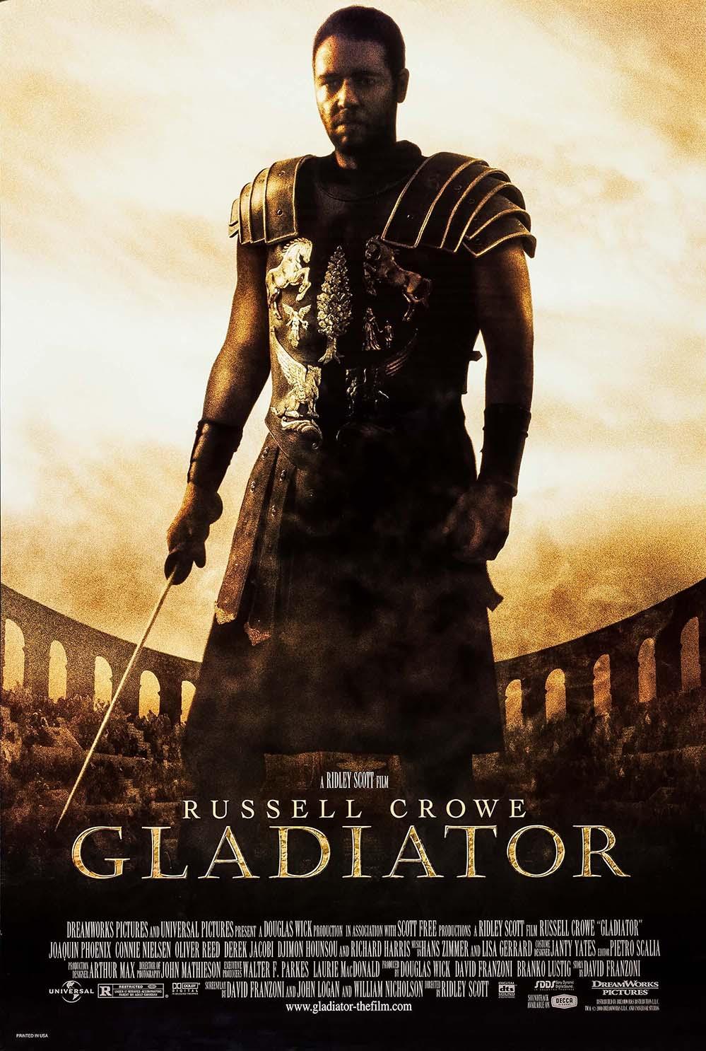 Dramatic Gladiator movie poster showing Russell Crowe as Maximus in full Roman armor, holding a sword against the hazy backdrop of the Colosseum.