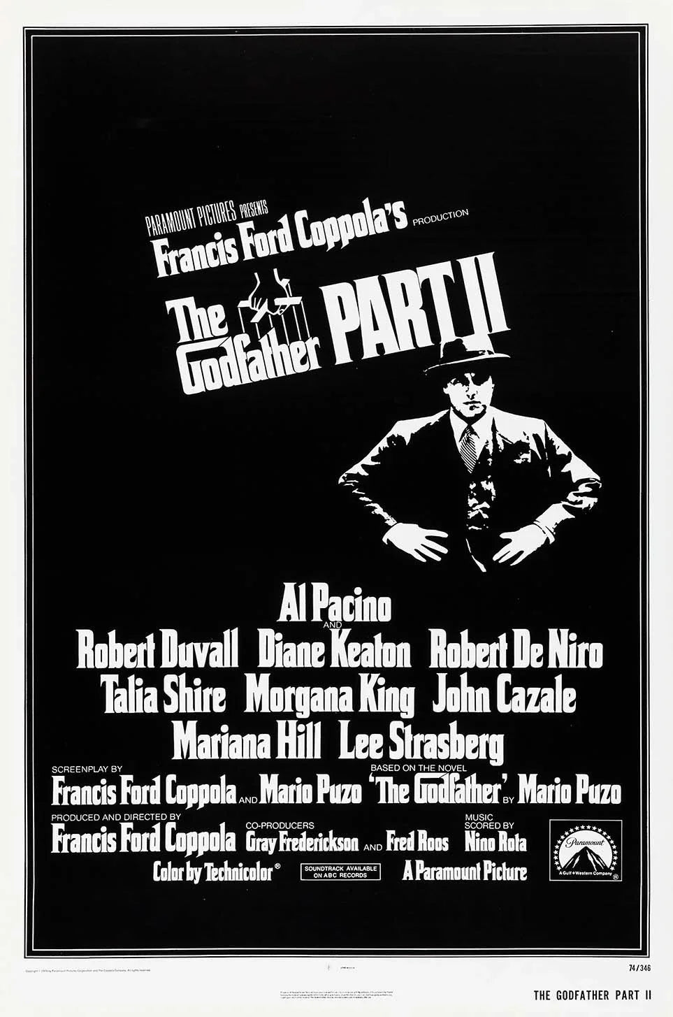 Original black and white promotional poster for The Godfather Part II featuring Al Pacino as Michael Corleone in a suit and fedora.