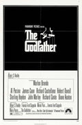 Minimalist black and white poster for The Godfather (1972) featuring the iconic typography logo and puppet strings motif above the cast list including Marlon Brando and Al Pacino.