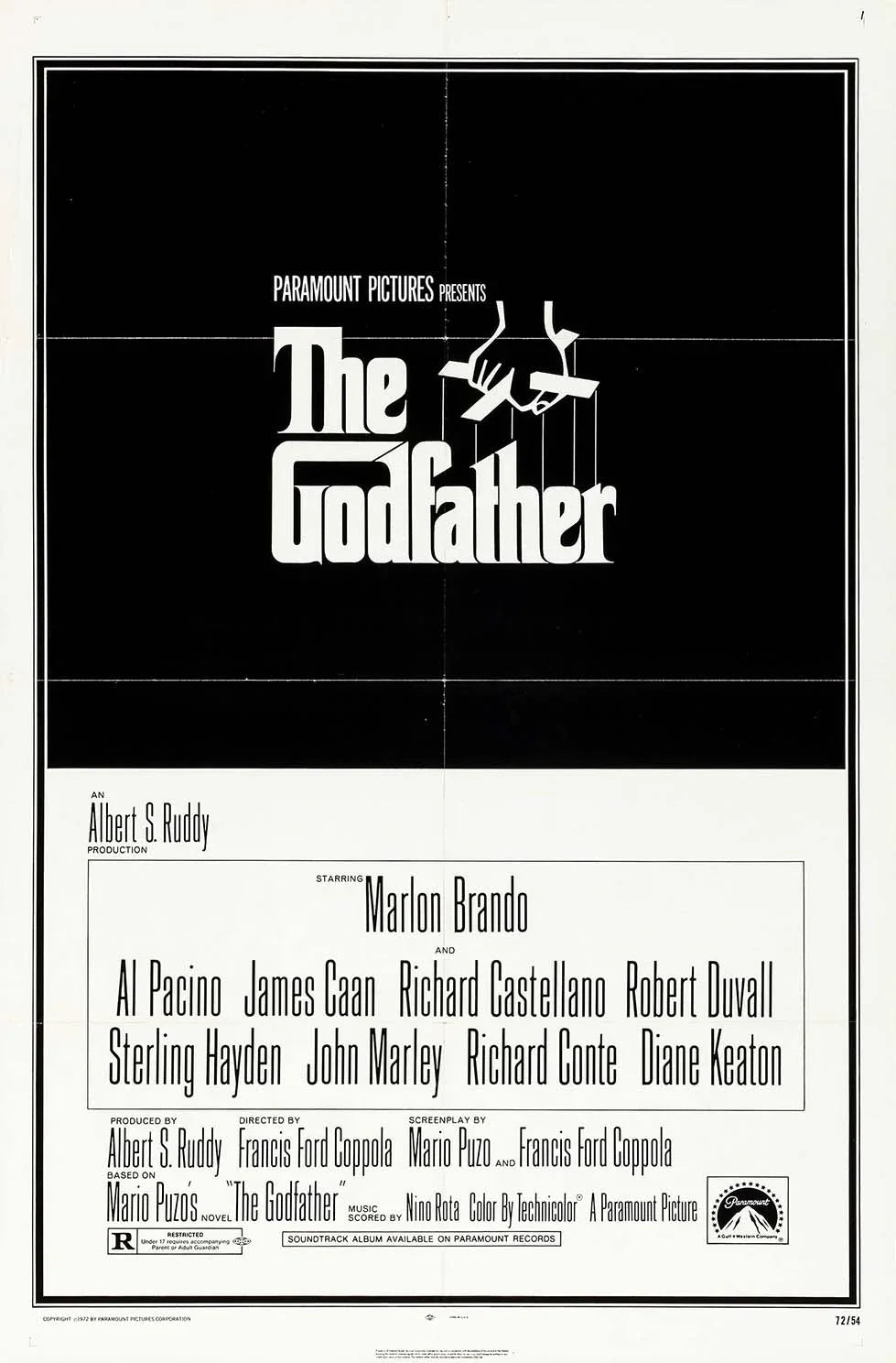 Minimalist black and white poster for The Godfather (1972) featuring the iconic typography logo and puppet strings motif above the cast list including Marlon Brando and Al Pacino.