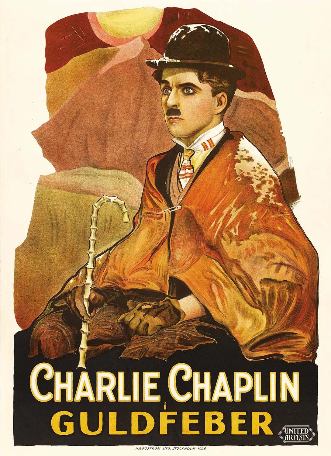 Classic Swedish movie poster for Charlie Chaplin's "The Gold Rush," showcasing Chaplin in his Tramp attire against a rugged landscape.