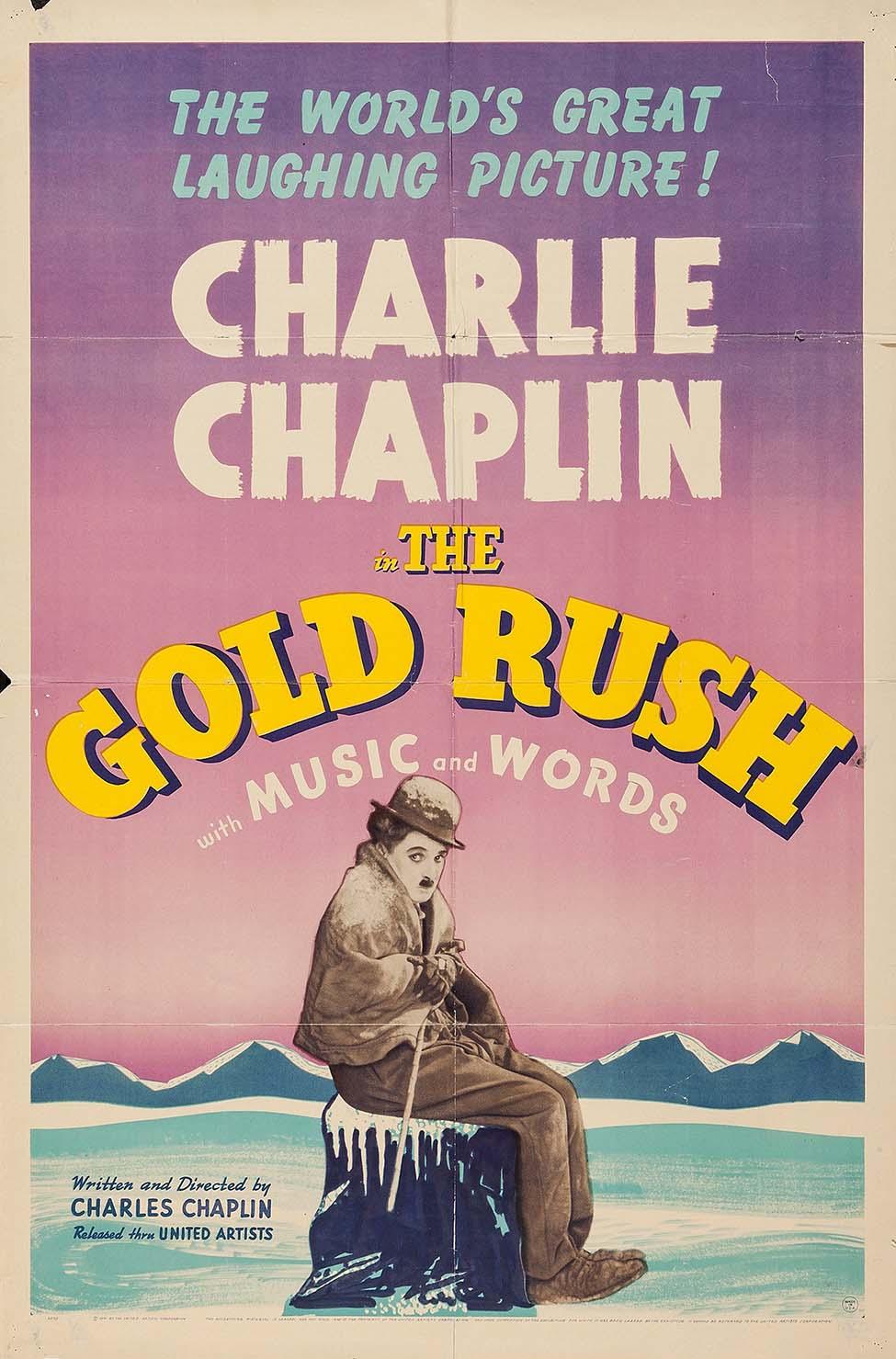 Vintage movie poster for The Gold Rush featuring Charlie Chaplin as The Tramp sitting on a block of ice in a snowy mountain scene.