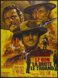 Vintage The Good, the Bad and the Ugly movie poster illustration featuring close-ups of Clint Eastwood, Lee Van Cleef, and Eli Wallach in a dramatic yellow and orange palette.