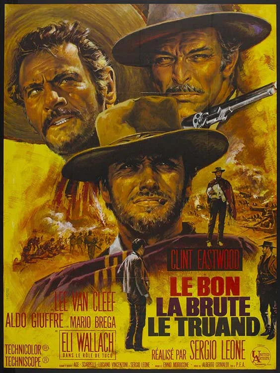 Vintage The Good, the Bad and the Ugly movie poster illustration featuring close-ups of Clint Eastwood, Lee Van Cleef, and Eli Wallach in a dramatic yellow and orange palette.