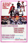 Original theatrical poster for The Good, the Bad and the Ugly, showing Blondie, Angel Eyes, and Tuco over a Civil War battle scene.