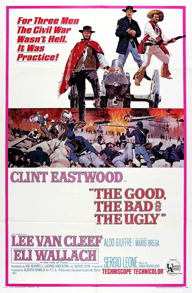 Original theatrical poster for The Good, the Bad and the Ugly, showing Blondie, Angel Eyes, and Tuco over a Civil War battle scene.