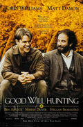 Original theatrical movie poster for Good Will Hunting showing Matt Damon and Robin Williams sitting together against a warm, yellow background, smiling at each other.