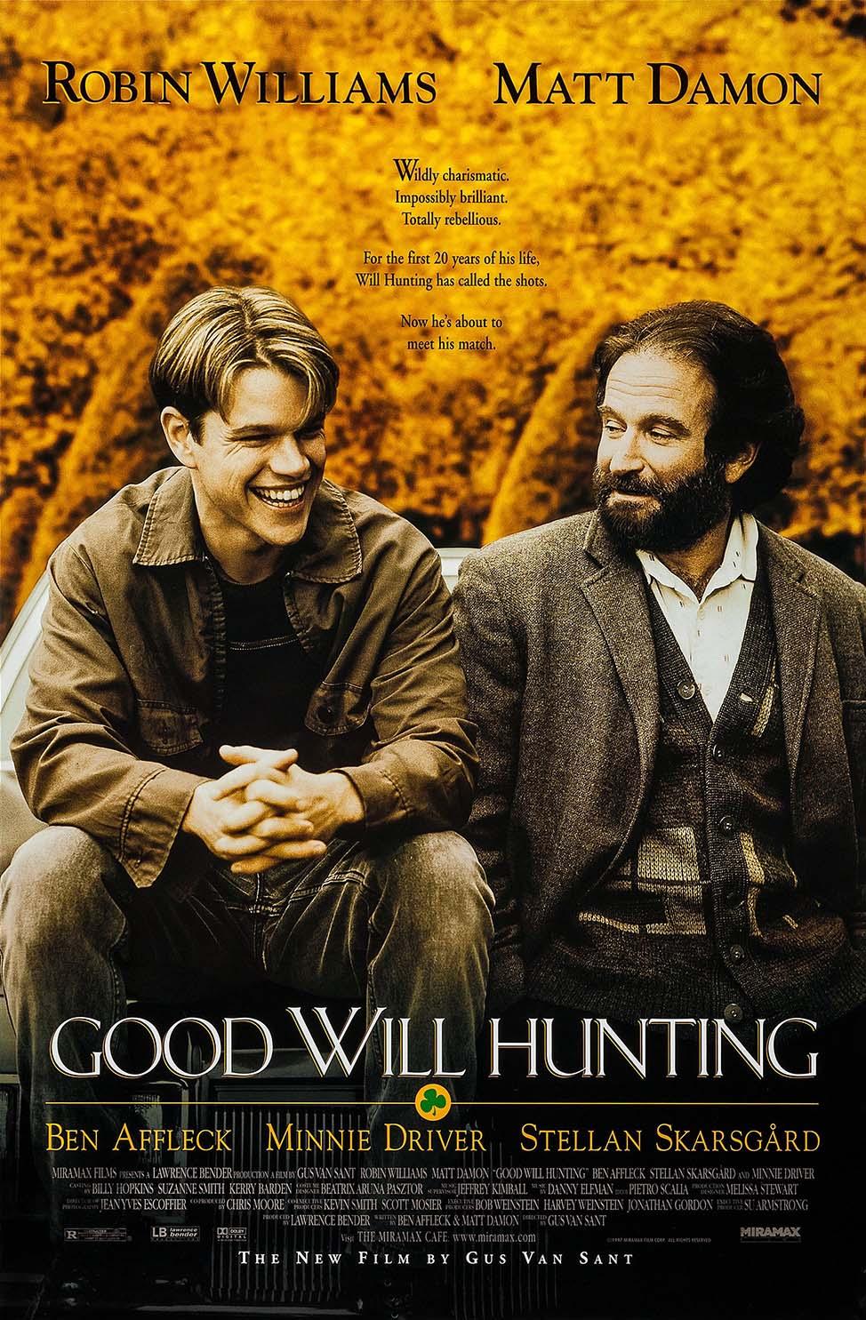 Original theatrical movie poster for Good Will Hunting showing Matt Damon and Robin Williams sitting together against a warm, yellow background, smiling at each other.