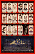 The Grand Budapest Hotel movie poster featuring a grid of character portraits including Ralph Fiennes, Bill Murray, and Tilda Swinton on a red background.