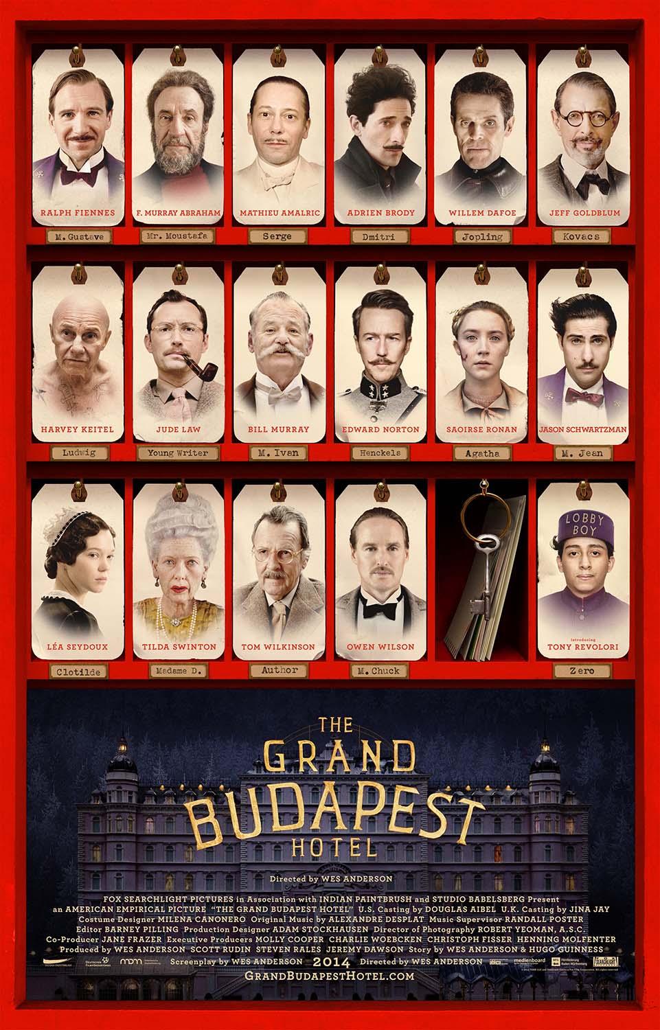 The Grand Budapest Hotel movie poster featuring a grid of character portraits including Ralph Fiennes, Bill Murray, and Tilda Swinton on a red background.