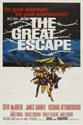 Original 1963 movie poster for The Great Escape, featuring Steve McQueen, James Garner, and co-stars running under the spotlight of a prison camp tower.