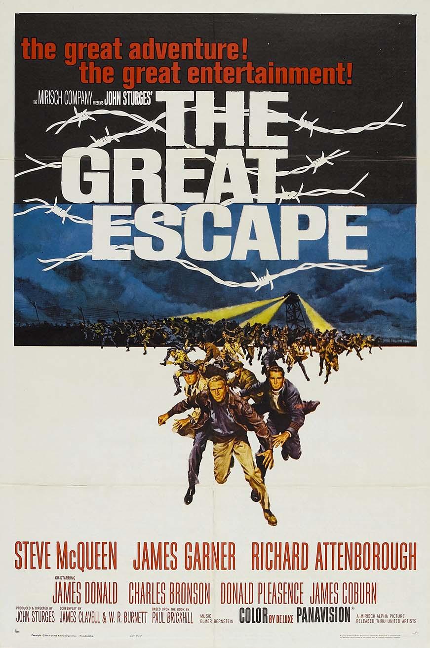 Original 1963 movie poster for The Great Escape, featuring Steve McQueen, James Garner, and co-stars running under the spotlight of a prison camp tower.