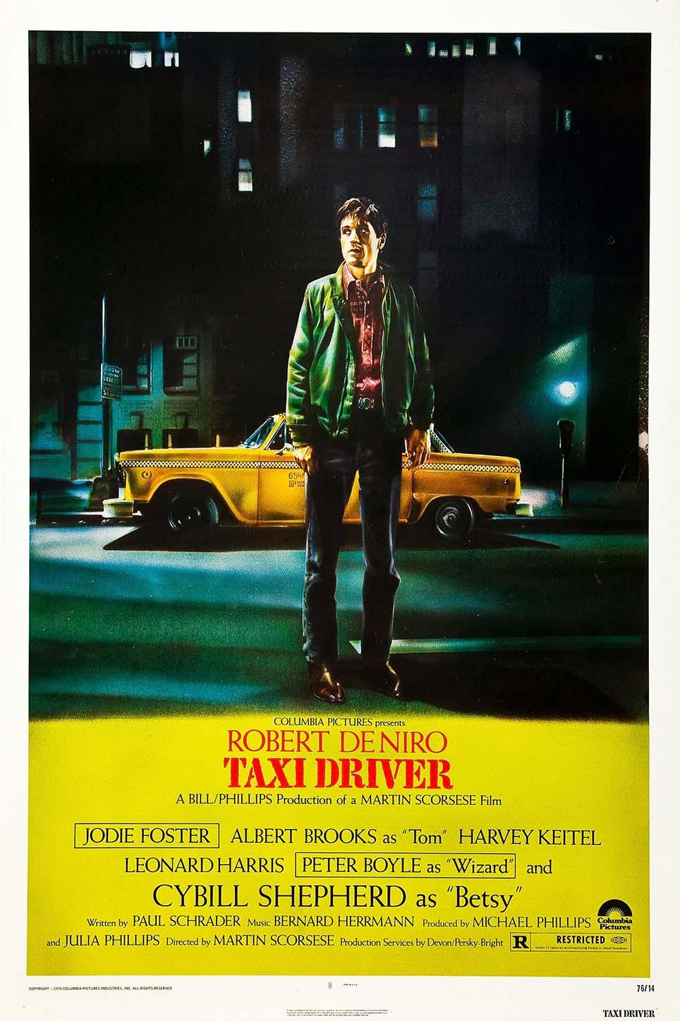 Original vertical movie poster for Taxi Driver (1976) showing Robert De Niro as Travis Bickle standing in front of his yellow New York taxi at night, featuring the prominent yellow title card.