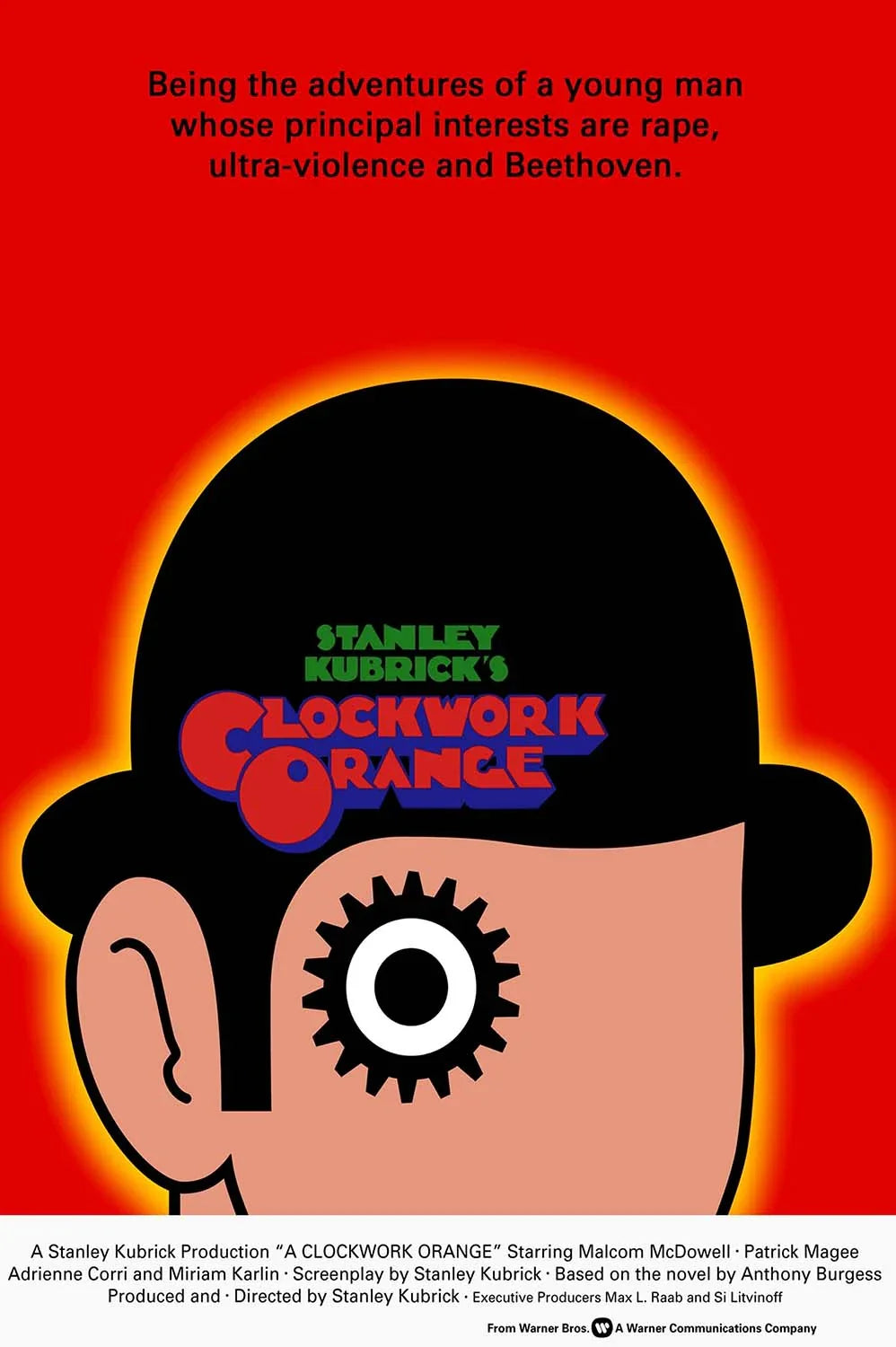 Minimalist A Clockwork Orange movie poster depicting Alex DeLarge's face, bowler hat, and iconic clockwork eye graphic on a vibrant red background.