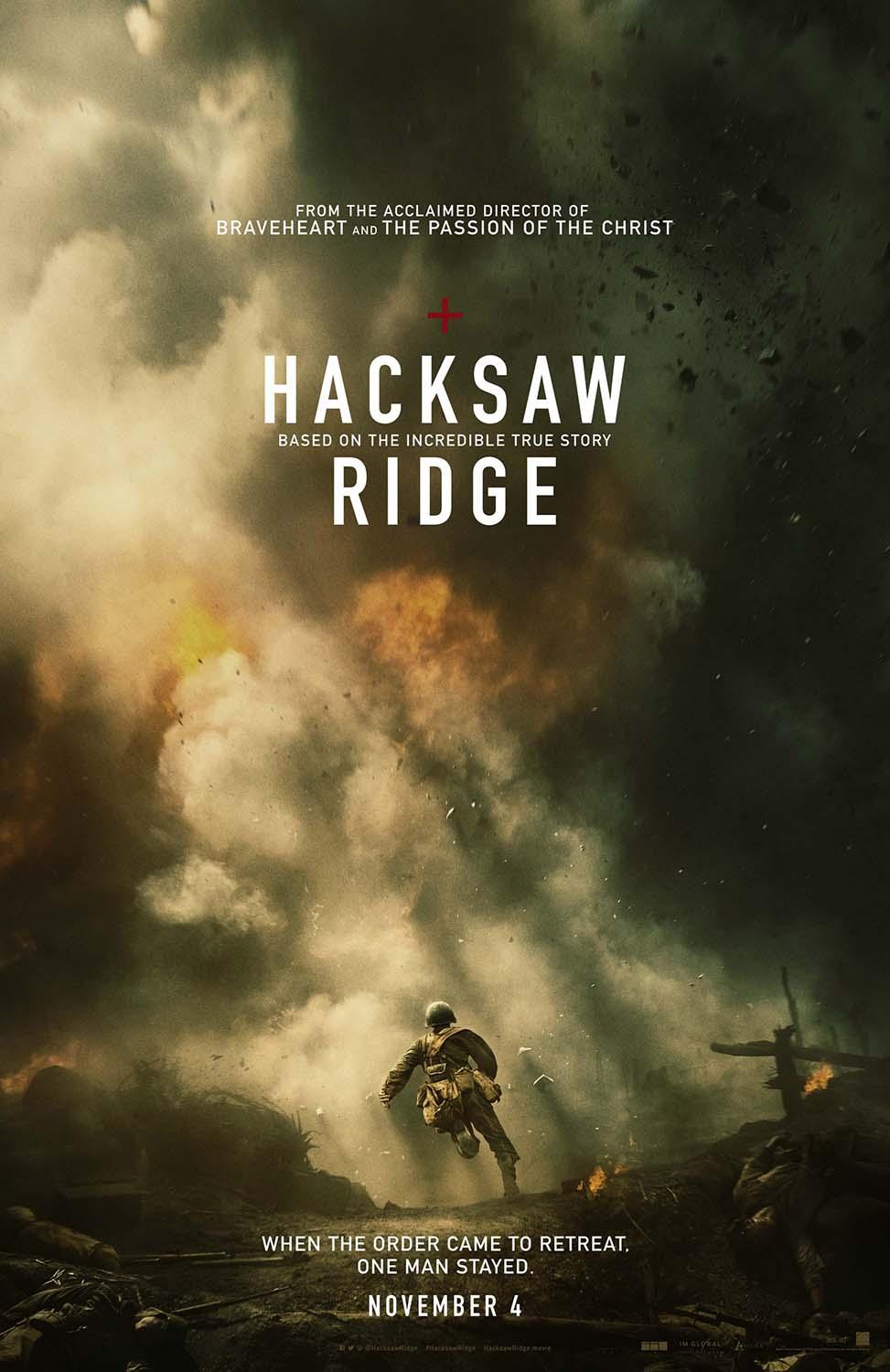 Hacksaw Ridge movie poster showing Desmond Doss running through smoke and explosion debris on the battlefield in gritty, sepia tones.