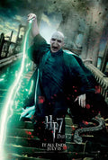 Official movie poster featuring Lord Voldemort casting a green curse (Avada Kedavra) during the Battle of Hogwarts, with Nagini on the steps.
