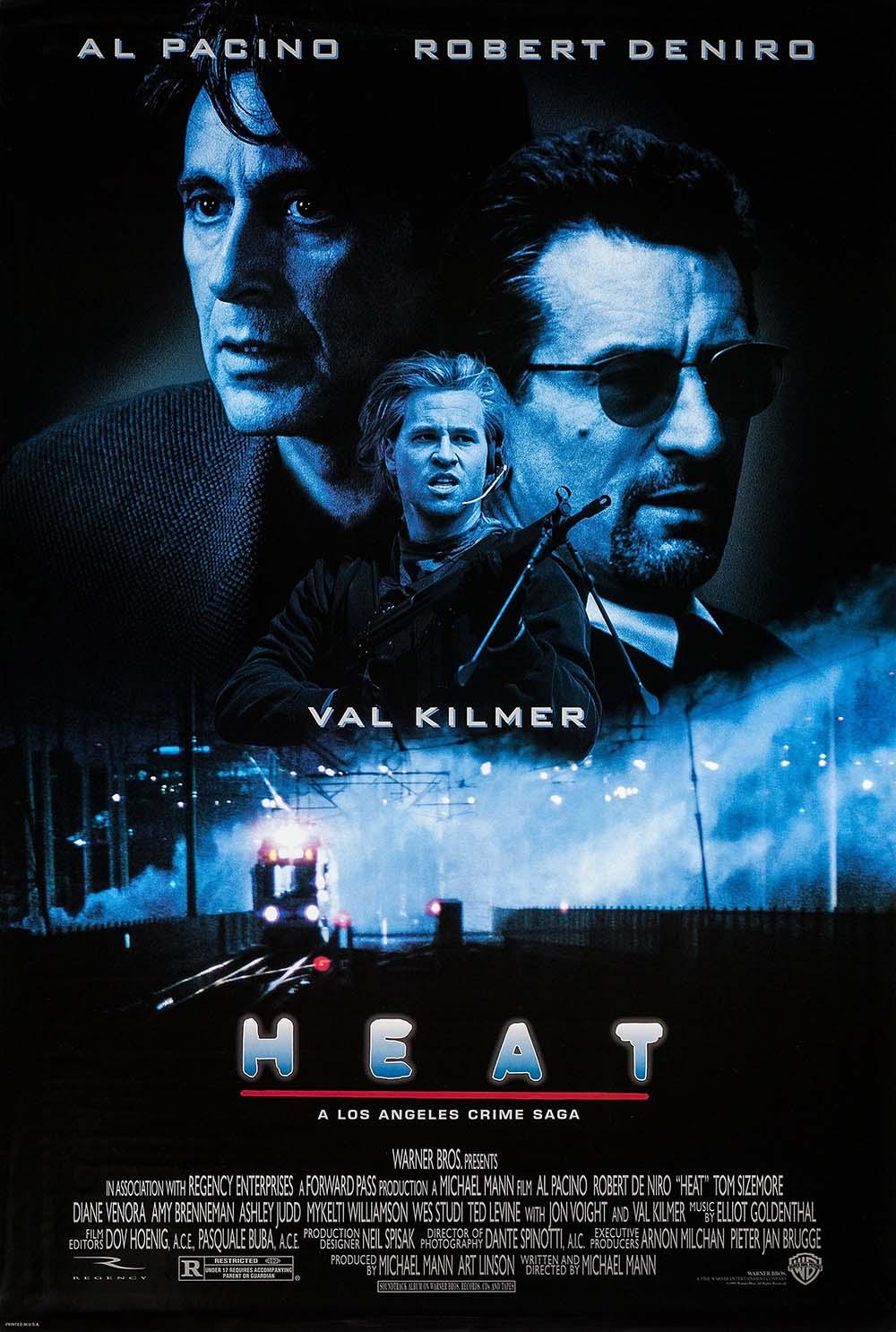 Original theatrical poster for the 1995 crime film Heat, showing a composite of Al Pacino, Robert De Niro, and Val Kilmer in blue-toned lighting against a nighttime Los Angeles transit scene.