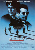 Original movie poster for Heat (1995) featuring a blue-toned collage of Al Pacino, Robert De Niro, and Val Kilmer, with silhouettes of the crew below.