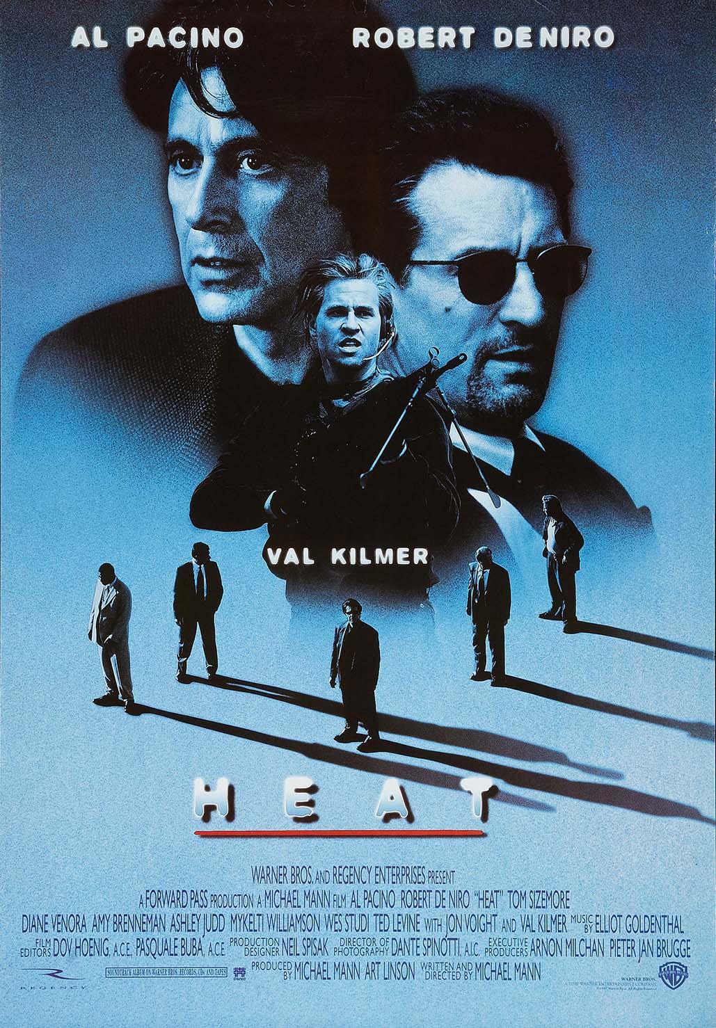 Original theatrical poster for Heat (1995) featuring a blue-toned collage of main actors Al Pacino, Robert De Niro, and Val Kilmer over smaller figures in suits.
