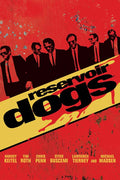Graphic poster art for Reservoir Dogs showing the main cast in black suits walking against a distressed red background with yellow and black title text.