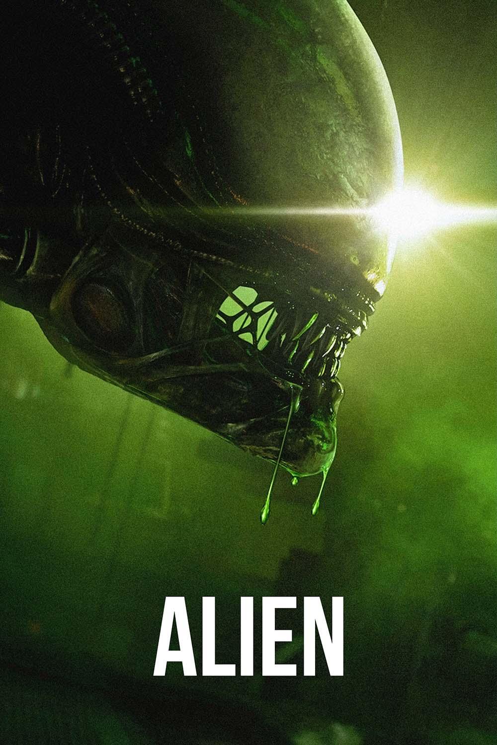 Close-up profile of the Alien Xenomorph creature dripping luminous green acid blood from its jaws, against a dark, foggy background.