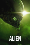 Close-up promotional movie poster for Alien, showing the terrifying Xenomorph head illuminated by a bright light, with green acid dripping from its maw.