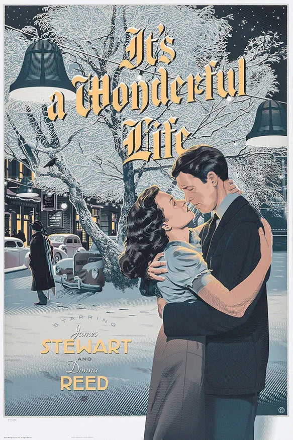 Vintage movie poster for It's a Wonderful Life showing a couple embracing in snowy street scene with vintage cars